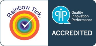 The Rainbow Tick logo featuring a circular rainbow with a white tick in the centre appears on the left. On the right is the teal speech-bubble logo of Quality Innovation Performance (QIP) with the word “ACCREDITED” in bold capital letters beneath it, indicating official Rainbow Tick accreditation.
