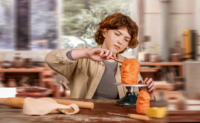 A young person sitting at a work bench moulding a face out of clay