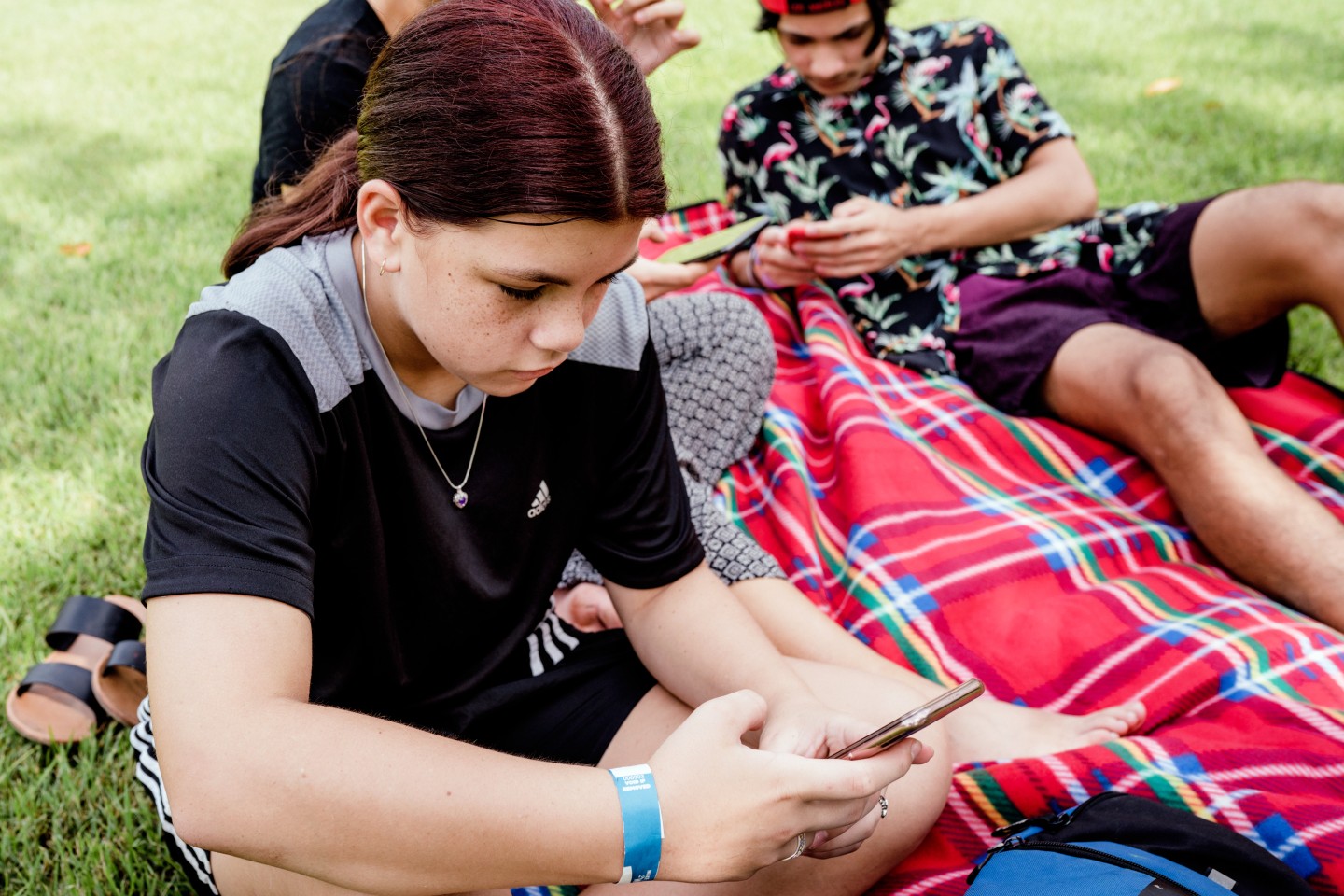 A group of young people sit on a red checkered picnic blanket on the grass. One person in the foreground looks at their phone while others behind them also use their phones. Sandals and a backpack are visible nearby, suggesting a relaxed outdoor setting.