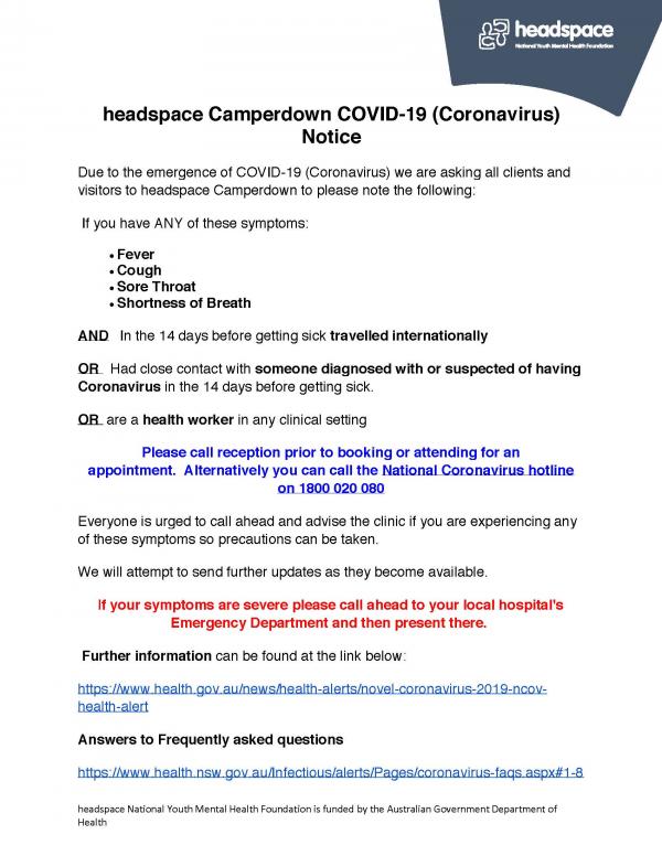 headspace Camperdown COVID notice2