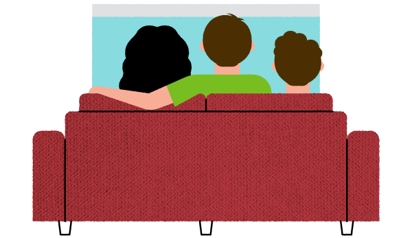 The back of three people on a couch in front of a TV