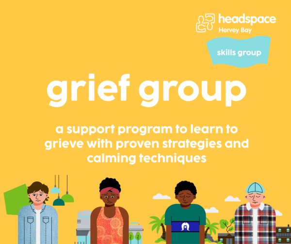 Photo with four sad people. Title 'Grief Group' and subtitle 'A support group to learn to grieve with proven strategies and calming techniques'