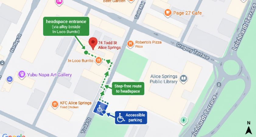 Map showing the headspace Alice Springs entrance at 74 Todd Street, via the alley beside Loco Burrito, including the step-free access route and nearby accessible parking.