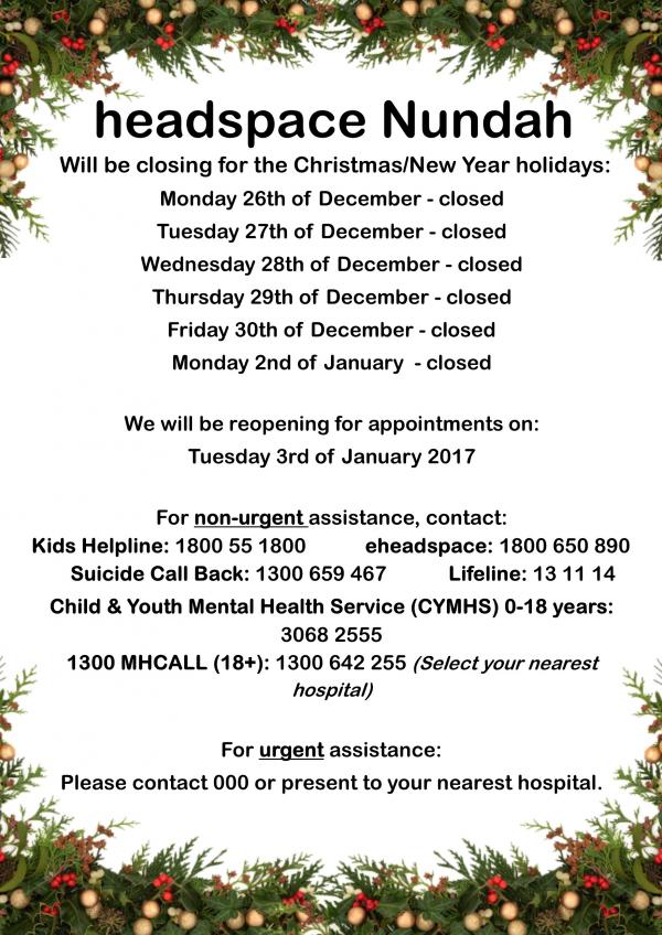 headspace Nundah Christmas closing times V3