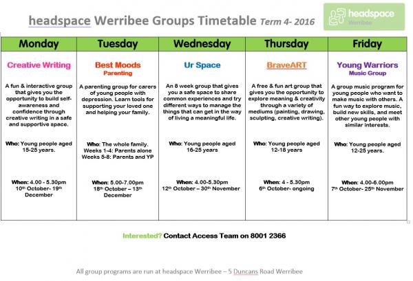 headspace Groups Timetable - Term 4